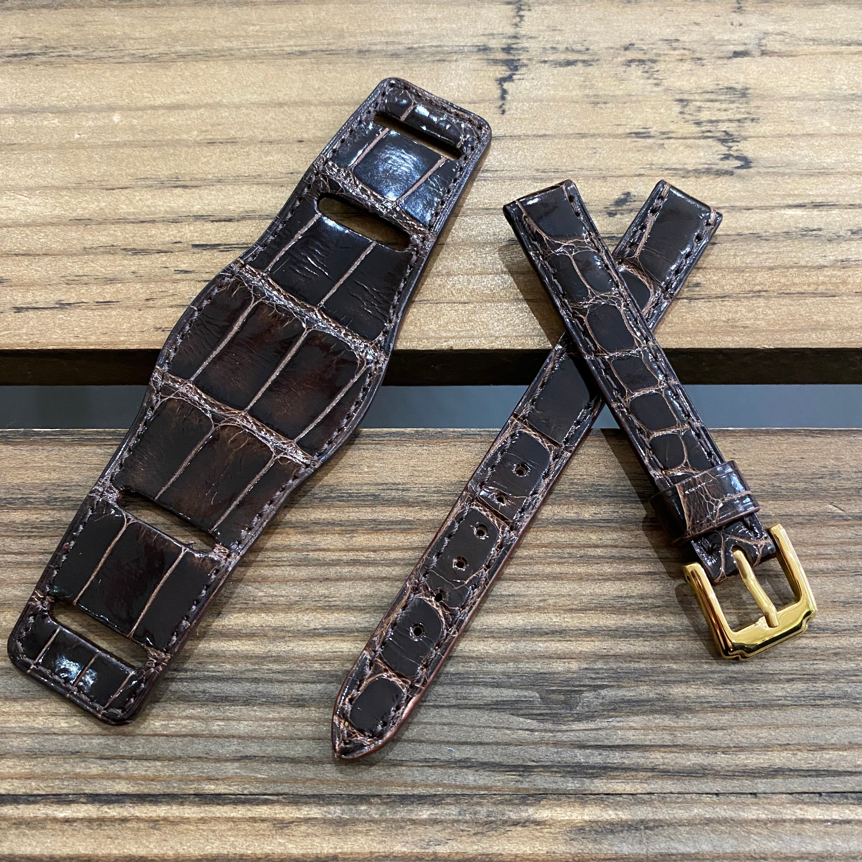 【カスタムストラップ 】035 シャイニーブラウン 13mm【クロコダイル】 台座ベルト