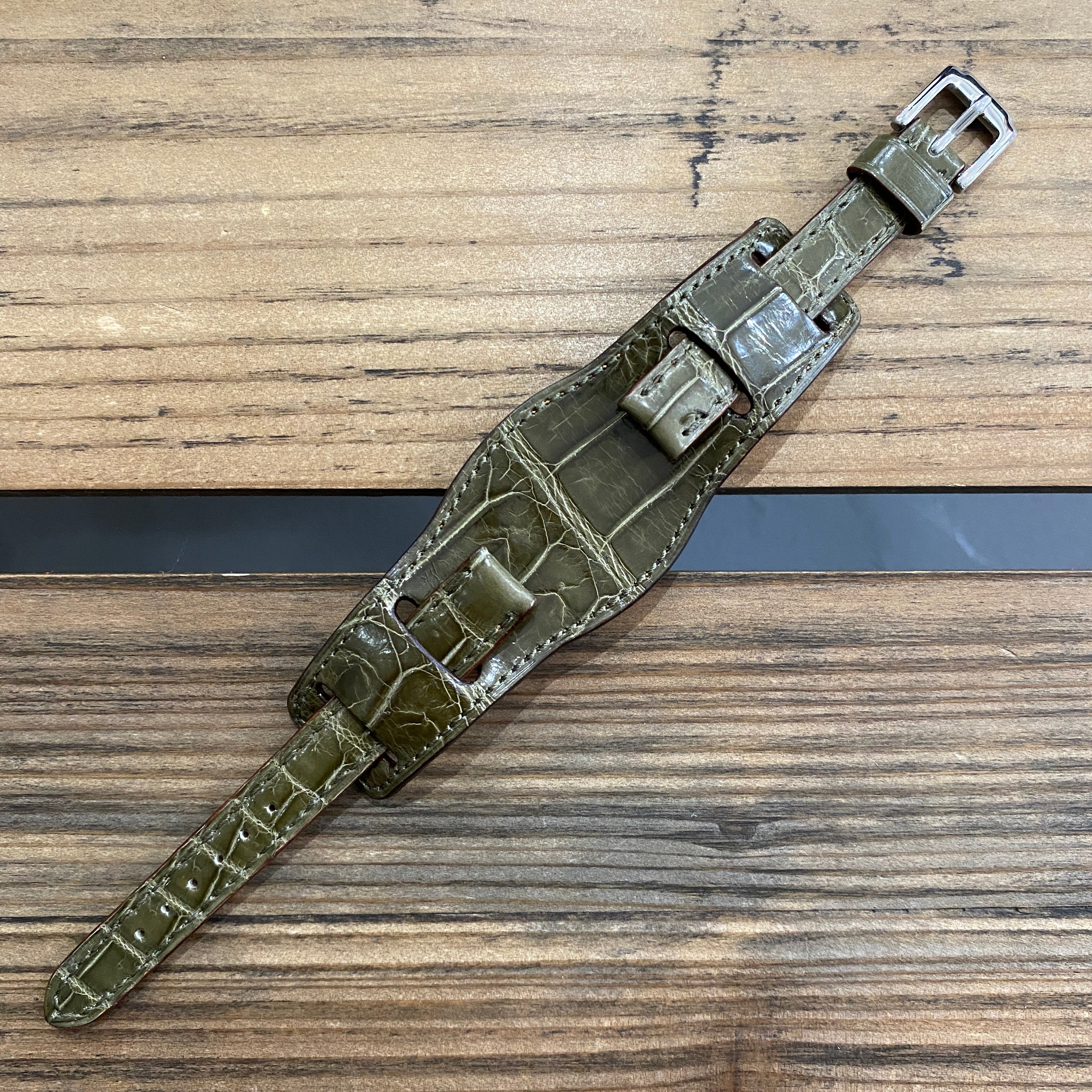 【カスタムストラップ 】035 シャイニーオリーブ 13mm【クロコダイル】 台座ベルト