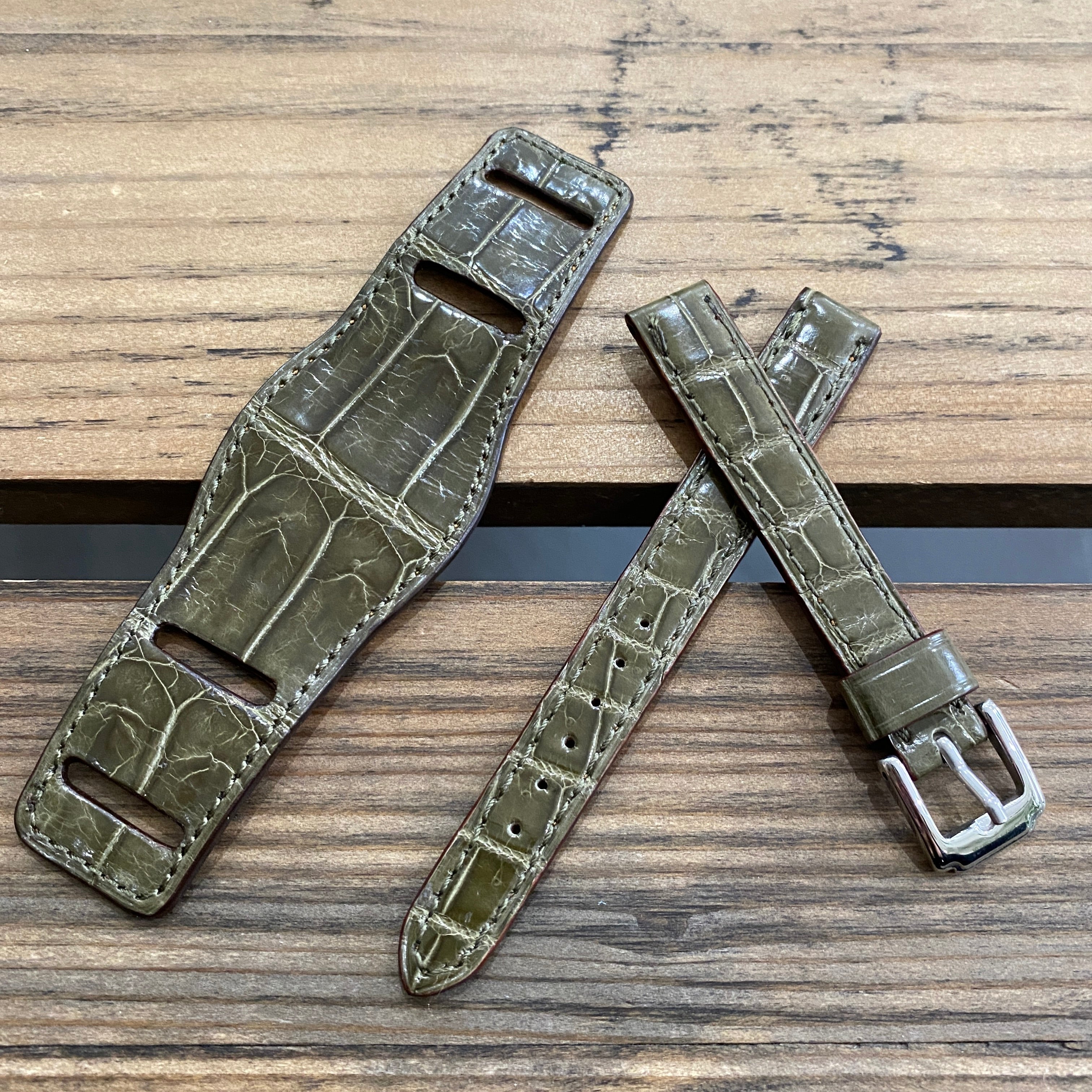 【カスタムストラップ 】035 シャイニーオリーブ 13mm【クロコダイル】 台座ベルト