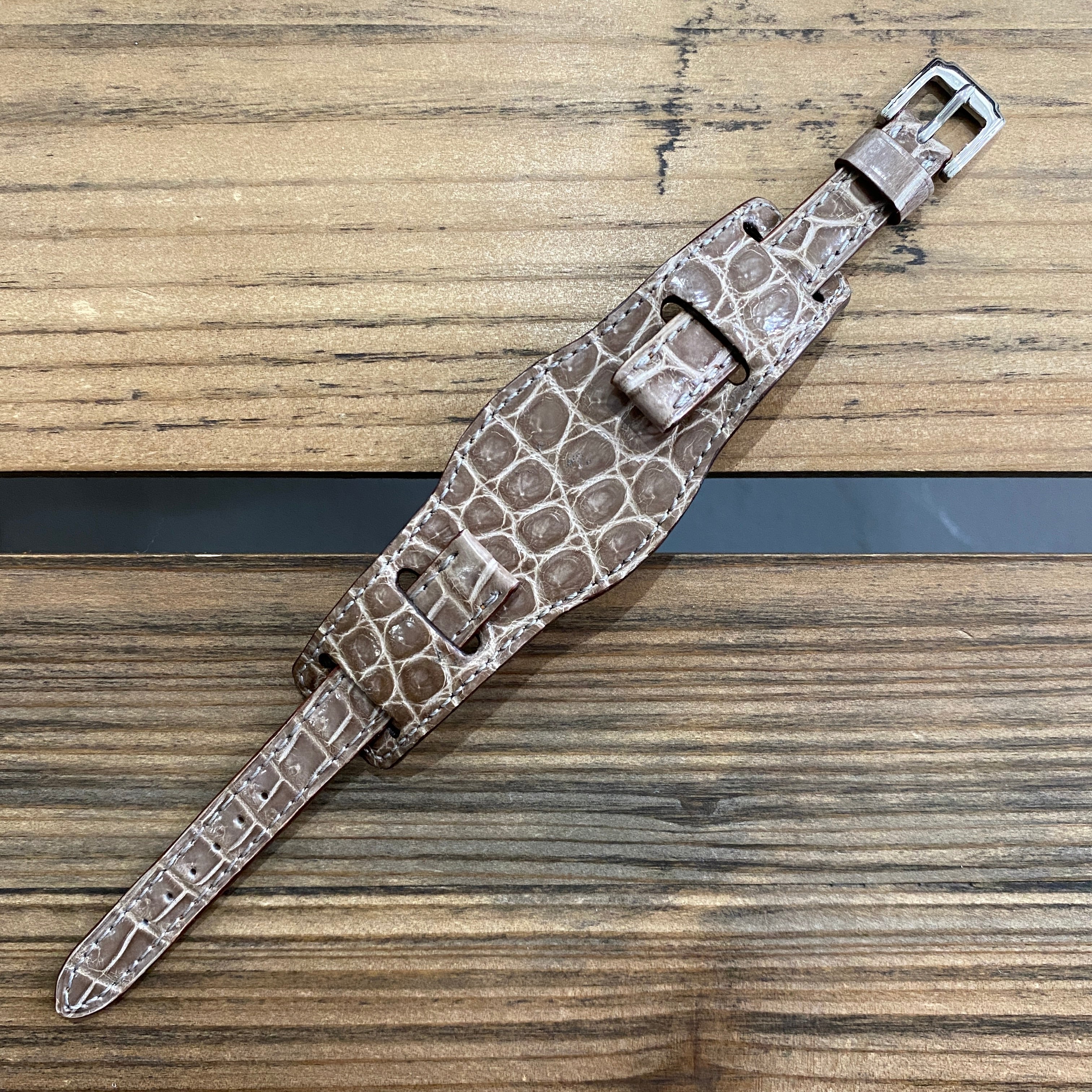 【カスタムストラップ 】035 シャイニーカーキグレー 13mm【クロコダイル】 台座ベルト