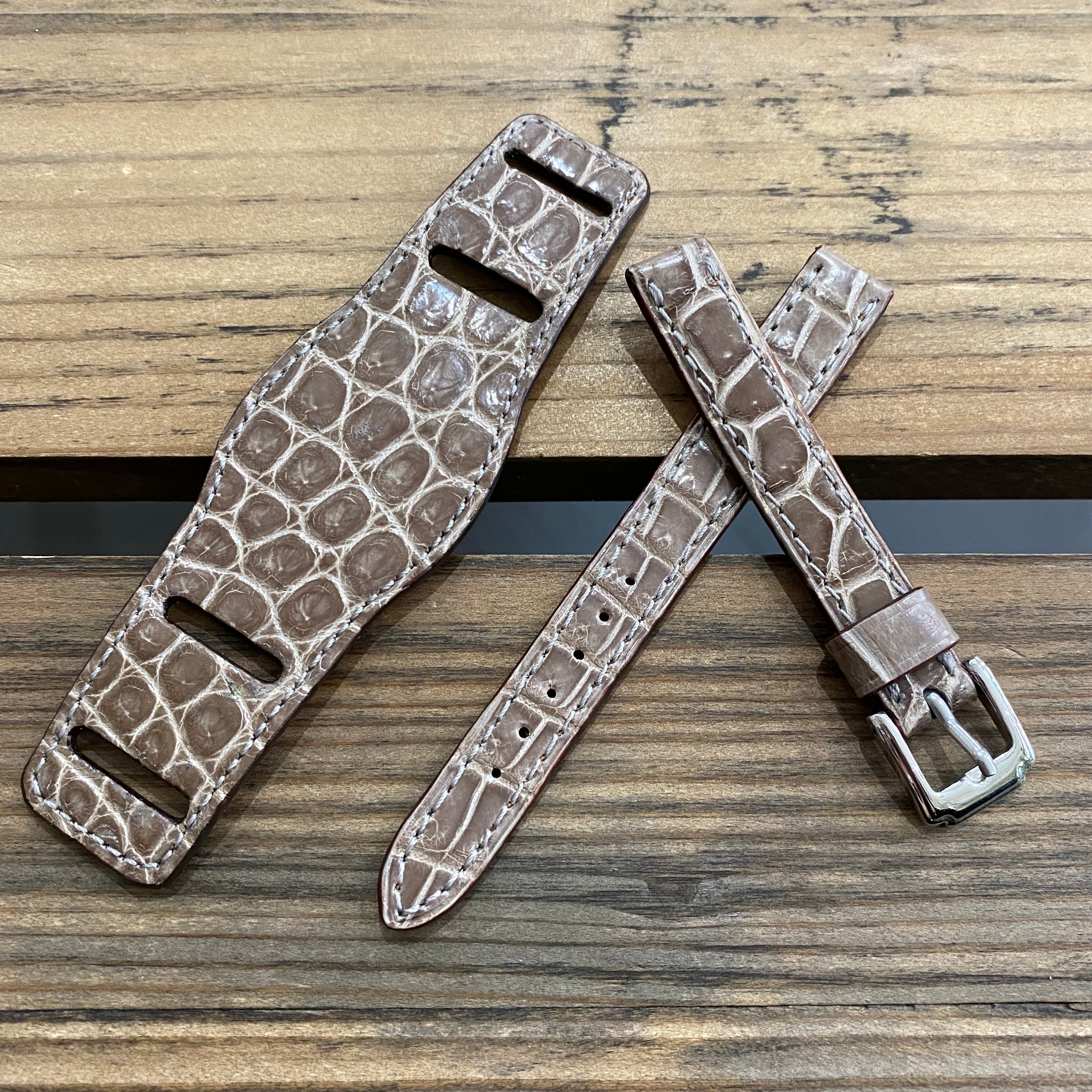 【カスタムストラップ 】035 シャイニーカーキグレー 13mm【クロコダイル】 台座ベルト