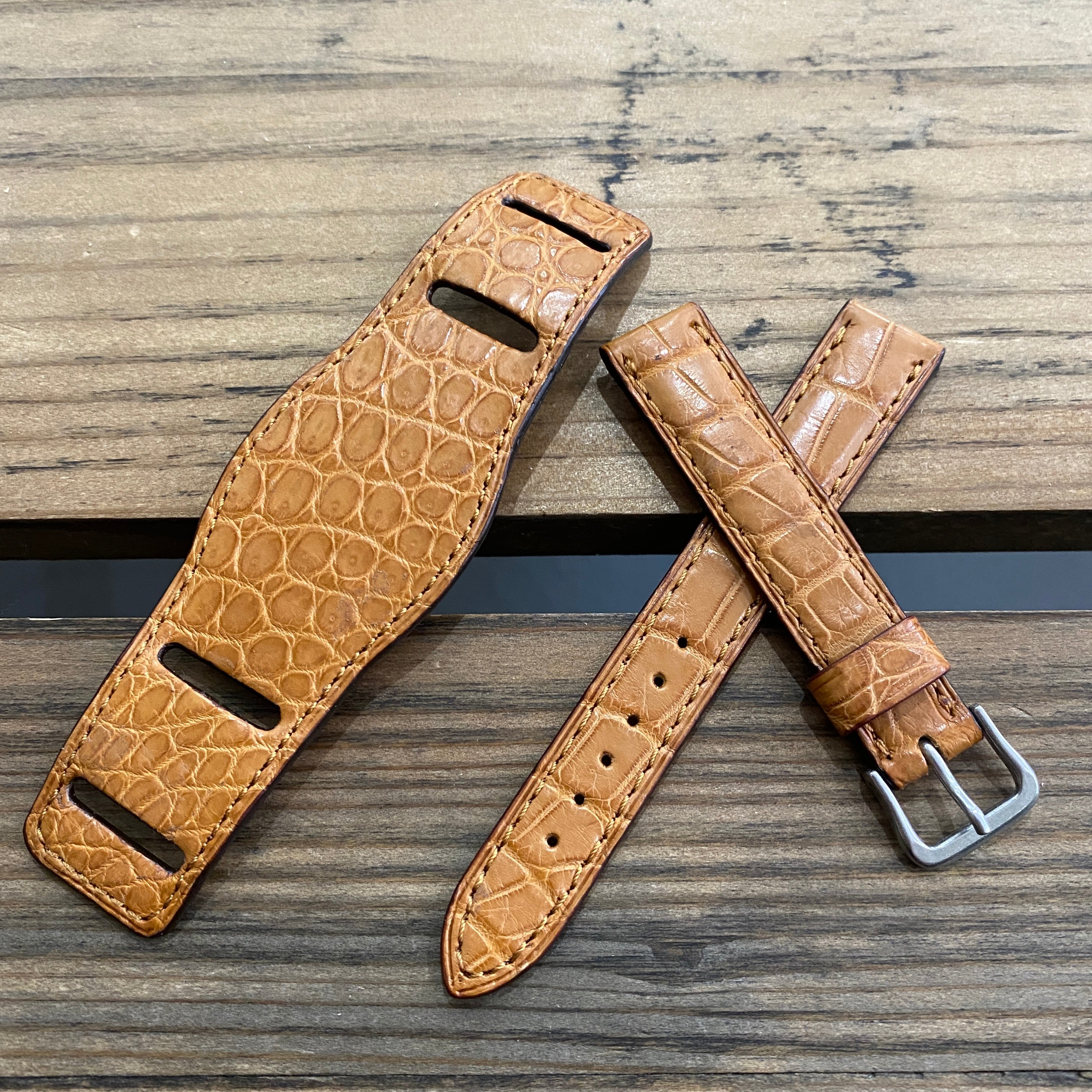 【カスタムストラップ 】035 マットキャメル 16mm【クロコダイル】 台座ストラップ