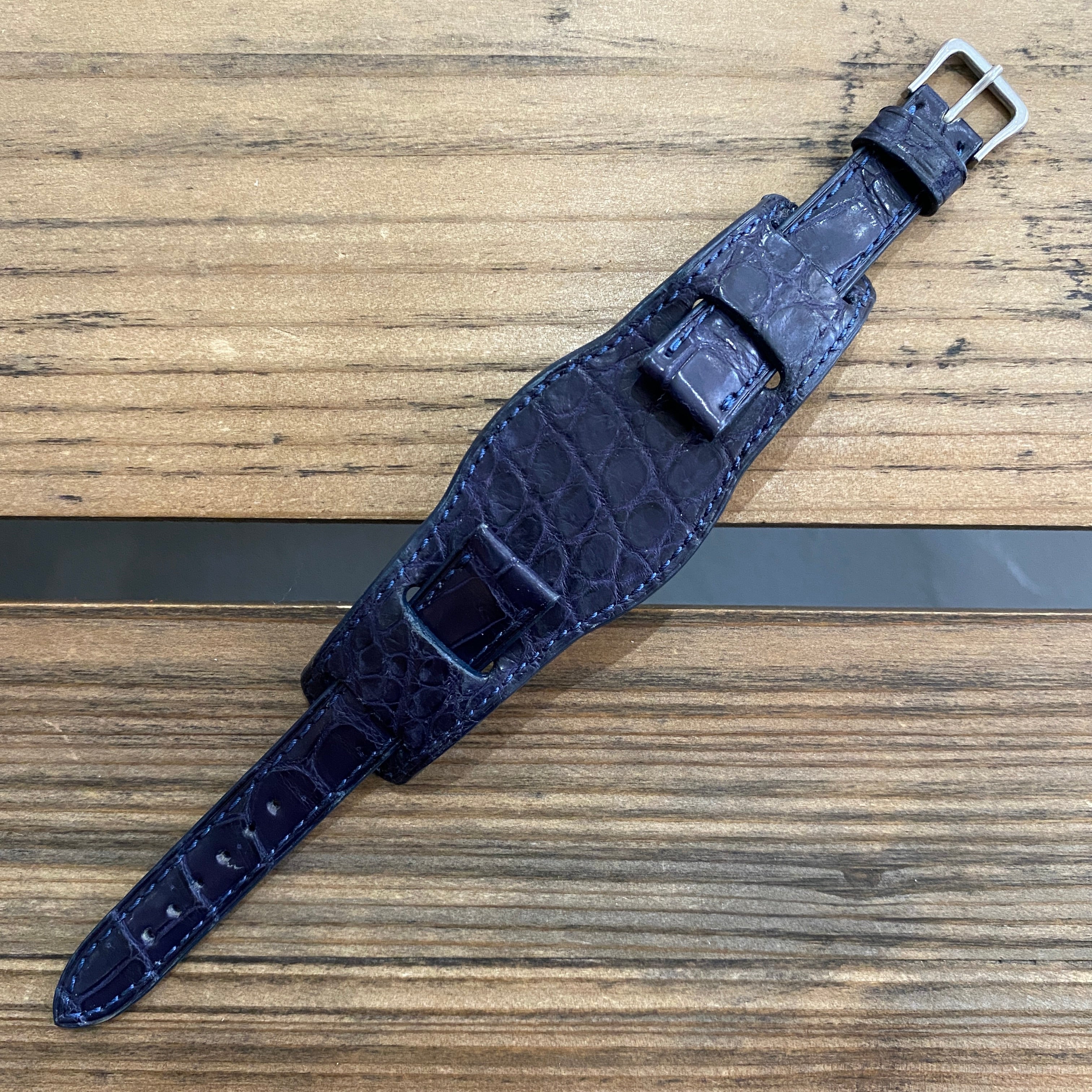 【カスタムストラップ 】035 マットネイビー 16mm【クロコダイル】 台座ストラップ