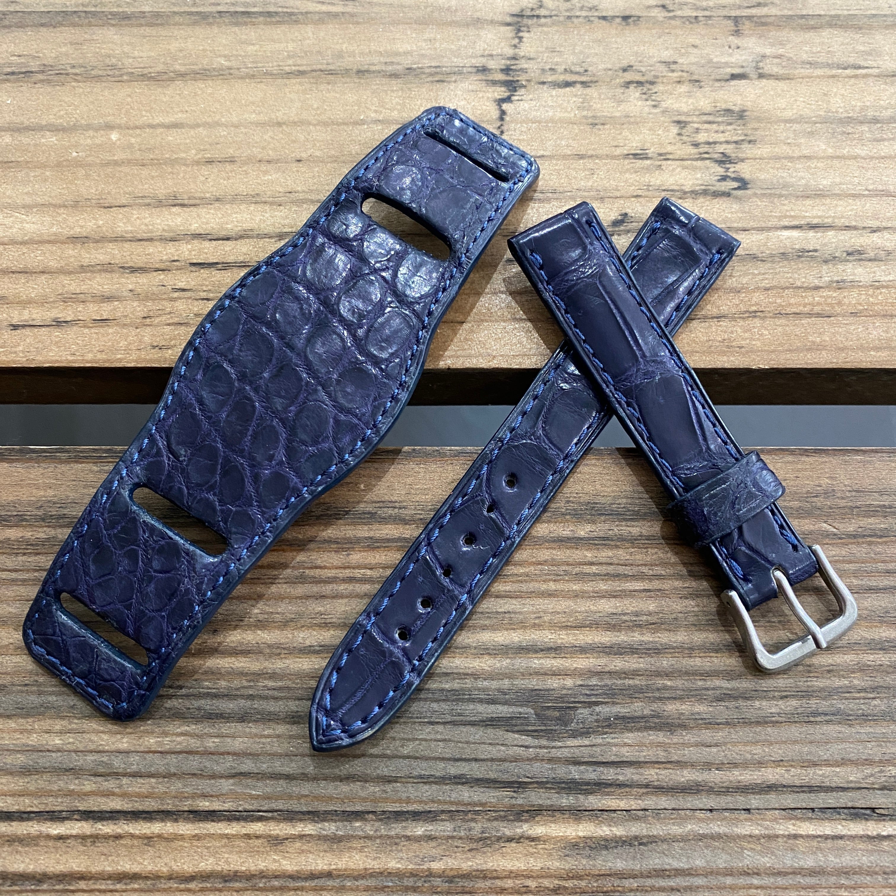 【カスタムストラップ 】035 マットネイビー 16mm【クロコダイル】 台座ストラップ